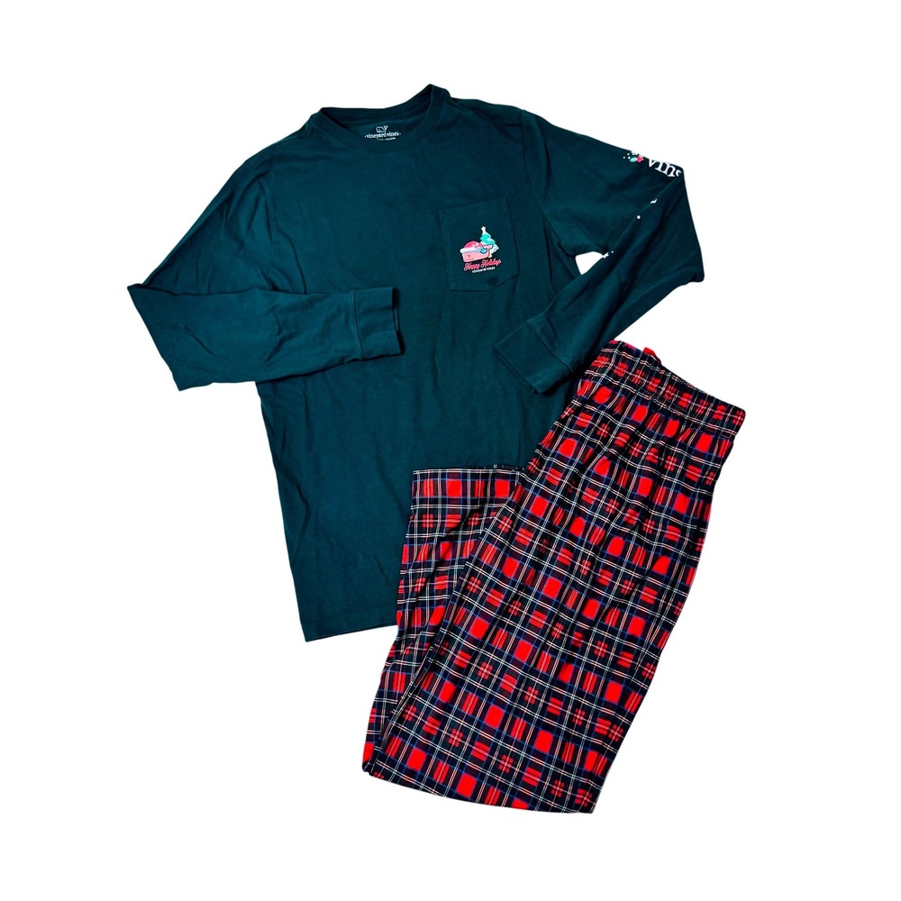 Vineyard Vines Kids Christmas Holiday Plaid Pajama Set Green Red L 16 NEW